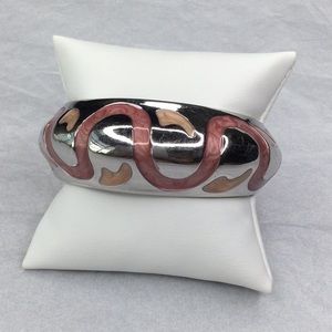 Gorgeous Silver Tone With Enamel Hinged Cuff
